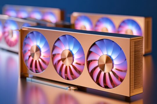 Glowing macro graphics of high performance graphics card with triple fans and heat dissipation design
