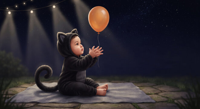 Cute baby in black cat costume reaching for a floating orange halloween balloon
