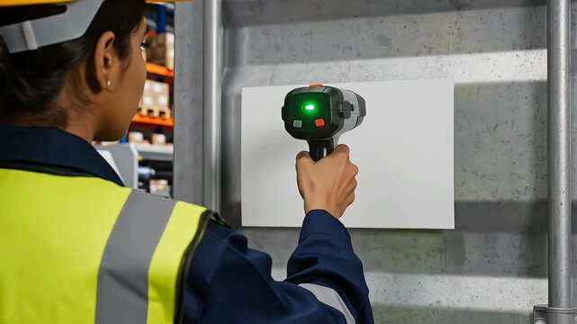 Close-Up Tracking Shot of a Warehouse Logistics Worker Scanning a Blank White Shipping Label on a Box with a Red Laser Barcode Scanner