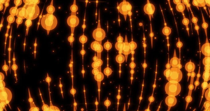 Close up shot shows warm golden nodes pulsing along curved lines. Futuristic particle grid glows intensely as geometric elements shift smoothly.