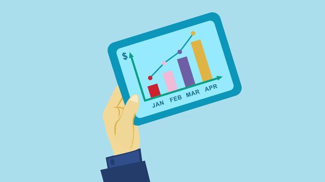 Hand Holds Tablet with Growing Business Graph 2d Animation with Alpha Matte