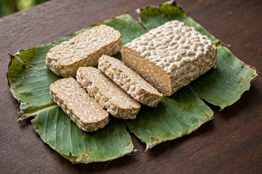 Raw Fresh Tempeh Sliced on Green Banana Leaves Wooden Table