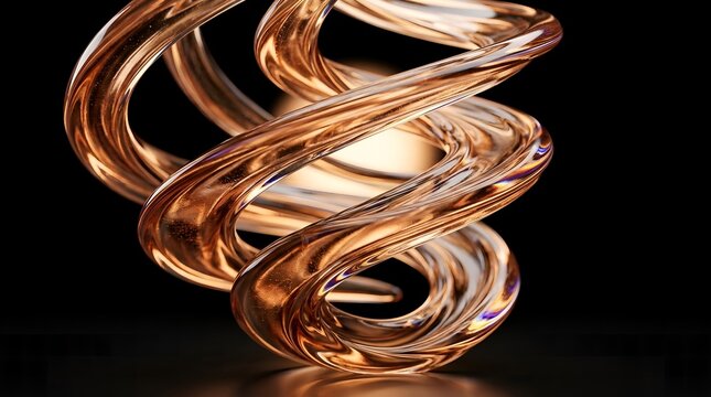 Spiral copper glass sculpture with warm backlight on a black background
