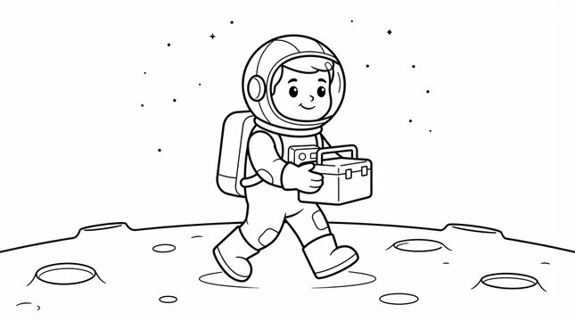 Cute cartoon astronaut walking on the moon with a box for coloring page