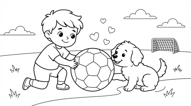 Little boy playing with his puppy dog and a soccer ball in the park