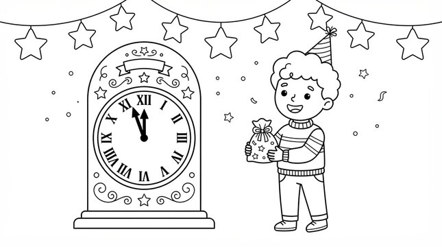 Little boy holding a gift next to a new year clock coloring page