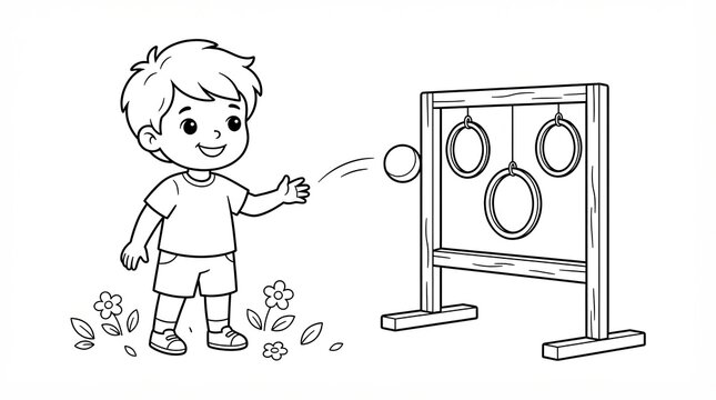 Happy little boy playing a ring toss carnival game in the garden