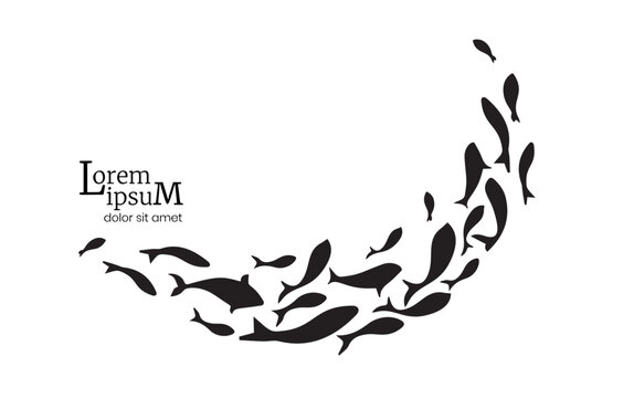 Swimming school of fish in half circle shape black silhouette vector illustration. Group of marine fishes moving in a curved wave isolated on white background.