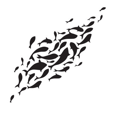 Swimming school of fish black silhouette vector illustration. Group of marine fishes shapes isolated on white background.	