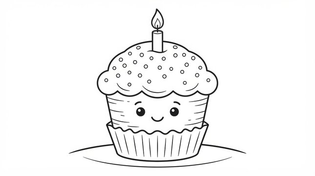 Cute birthday cupcake drawing with a burning candle for coloring page