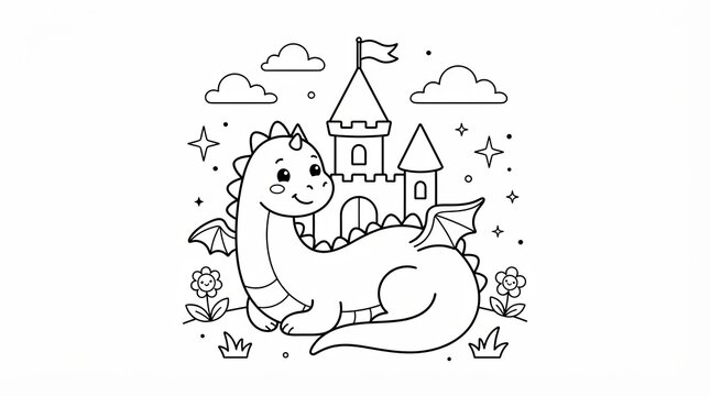 Cute little dragon sitting in front of a magical castle coloring page
