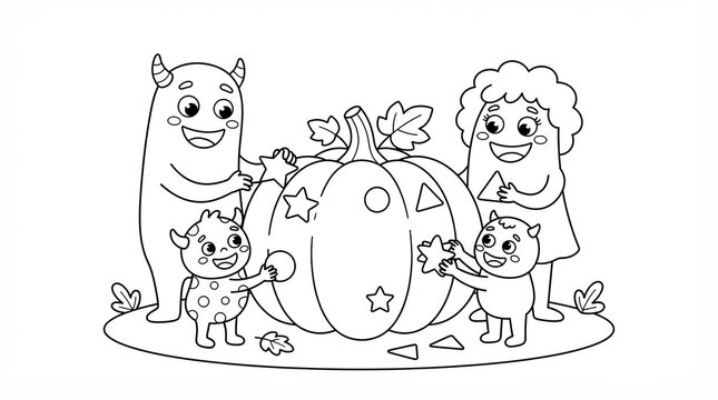 Cute monsters decorating a large pumpkin for halloween coloring page