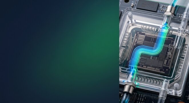 Microfluidic liquid cooling system on semiconductor microchip with copy space for technology background