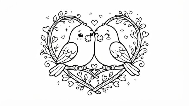 Two cute birds in love sitting on a heart shaped branch design