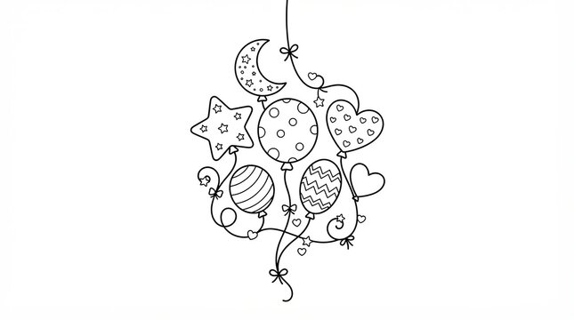 Black and white hand drawn balloons with moon and star shapes design