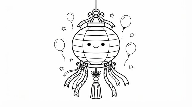 Cute chinese lantern drawing with balloons for kids coloring page