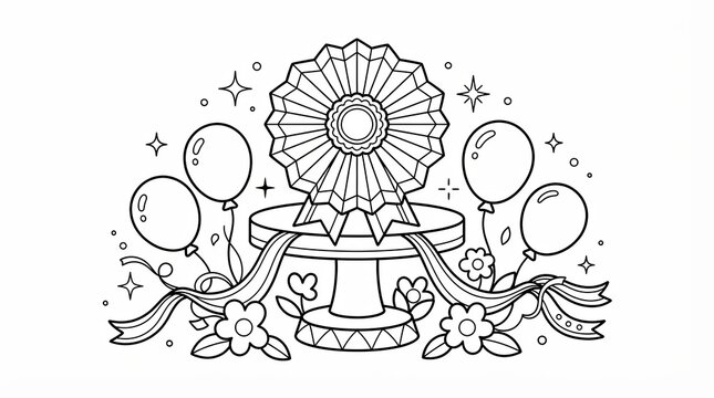 Award ribbon on a pedestal with balloons and flowers line art drawing