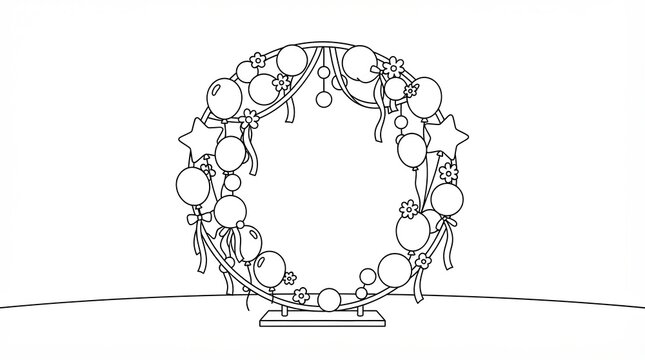 Decorative circular party arch with balloons and flowers line art