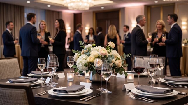 Formal corporate gala dinner with an elegant table setting, floral centerpiece, wine glasses. Сorporate events, business banquets and official functions