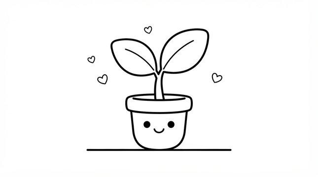 Cute small plant in a pot with heart icons doodle line drawing