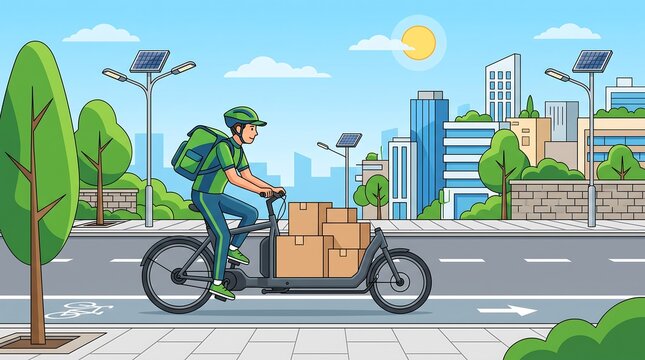Eco friendly courier delivering packages on electric cargo bike in modern city flat vector illustration