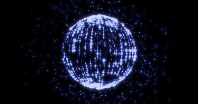 Blue digital particle sphere turns gracefully against deep dark backdrop. Dynamic network globe emits soft illumination through interconnected dots.