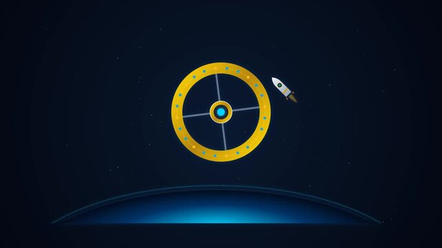 Majestic space tourism scene featuring a futuristic rocket orbiting a luxury space hotel over Earth's blue horizon with gold accents.