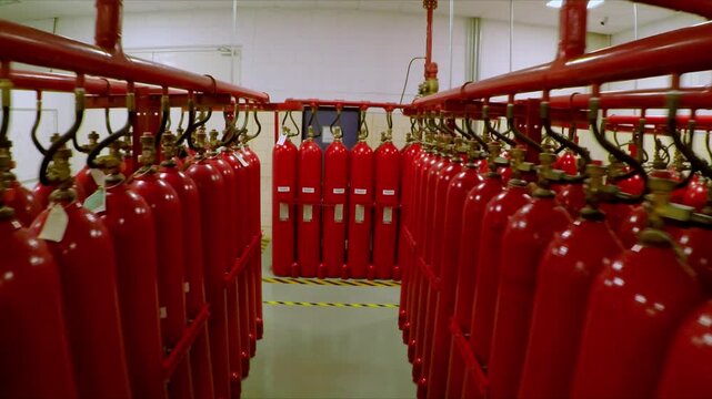 Rows of red gas cylinders connected to overhead piping system, showing valves, pressure fittings and organized cylinder storage inside industrial facility