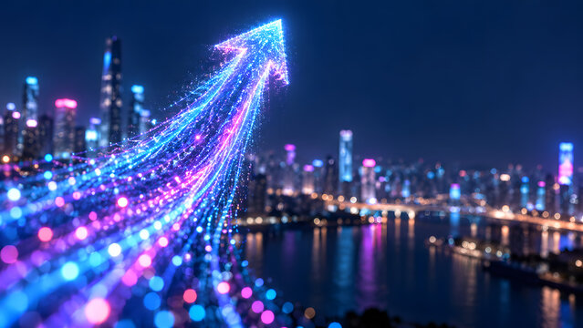 Futuristic Digital Growth Arrow over Smart City Skyline with Glowing Data Streams Business Expansion Technology Innovation and Financial Growth Concept