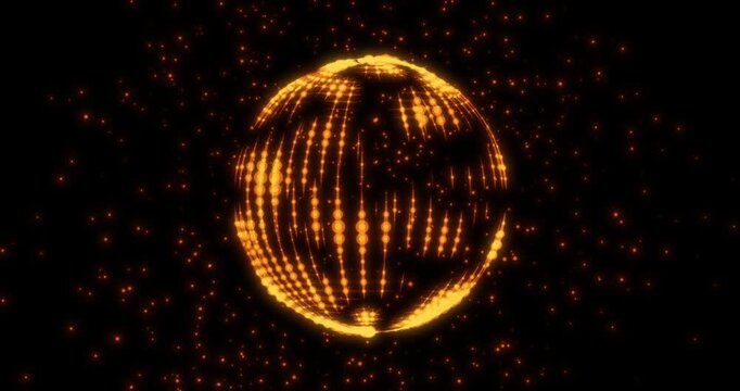 Glowing orange network orb rotates surrounded by floating dust particles. Dynamic digital sphere shines warmly with complex nodes and lines.