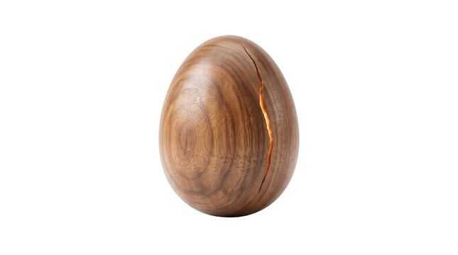 Polished wooden egg with glowing golden crack, decorative carved timber egg on white background, conceptual birth and new life symbol