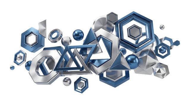 Futuristic 3D geometric composition with metallic blue and silver shapes, abstract industrial technology background, floating chrome polygons and spheres