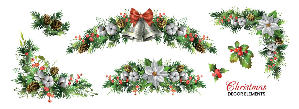 Christmas decoration vector set. Decorative winter holiday elements and garlands with white poinsettia, bells, pine cones, cotton flowers and berries isolated on white background.