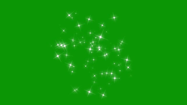 White glowing twinkle stars animation with sparkling glitter dust trail, blinking retro vector star doodles, white glitter sparkles trail, glowing pixie dust burst on green screen. 4k