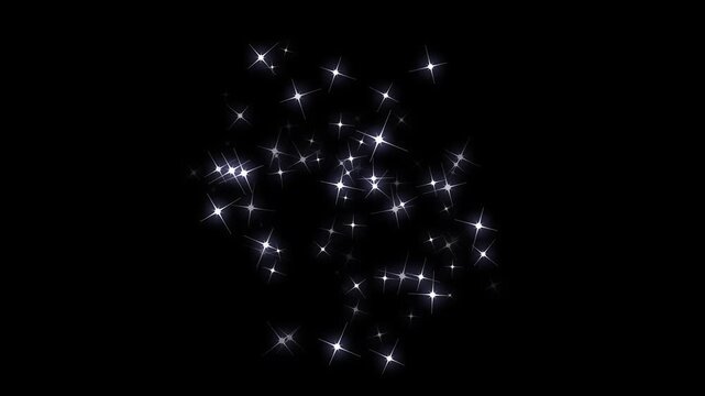 White twinkling star particles, fairy dust wand glitter stars, bokeh light burst, white twinkling star particles, twinkling stars with glitter burst effect on black background. 4k video