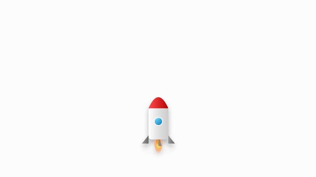 Stylized rocket icon with red nose cone launching upward with vibrant orange flame and trailing smoke particles