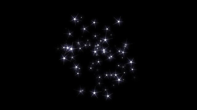 Glitter star sparkling light effect motion, fairy dust wand glitter stars blast, white glow shine particles, particle star dust trail loop, magic sparkles glitter blast stars on black screen. 4k