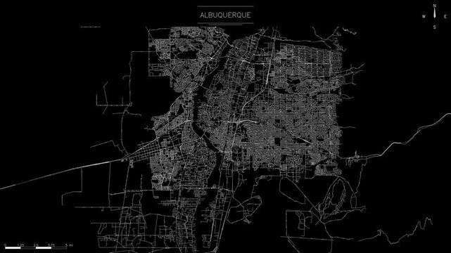 minimalist black and white map of Albuquerque's detailed street network with dynamic light pulses representing traffic, loopable animation