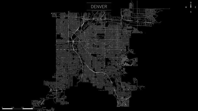 Map of Denver, intricate street network on a black background, dynamic light pulses representing traffic, loopable animation