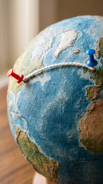 Pins connected by string tracing route on globe