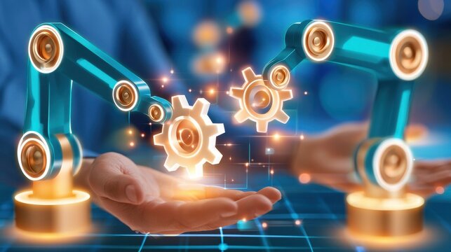 Robotic arms with glowing gears above human hands on blue tech background