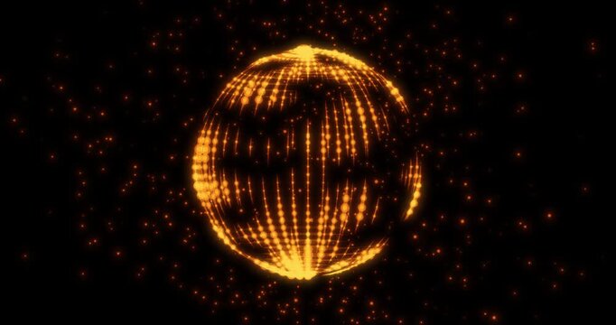 Luminous golden particle sphere rotates against pitch black space. Shining digital orb displays interconnected network dots and lines.
