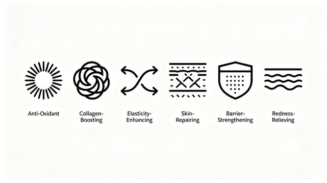 The vector icon of anti-aging skin care represents anti-oxidation, collagen promotion and strong barrier, which is applicable to the details page of anti-aging skin care products.
