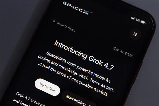 Quetzaltenango, GUATEMALA - Sep 22 2026 : Smartphone displaying a SpaceX page introducing SpaceXAI's Grok 4.7 for coding and knowledge work, with a Try for free button.