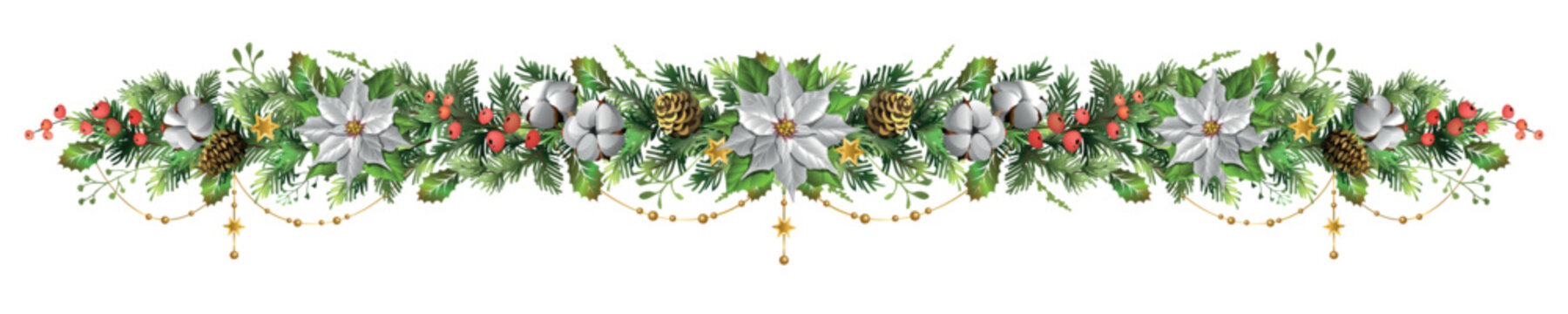 Long Christmas horizontal garland with white poinsettia, pine cones and cotton flowers vector illustration. Decorative winter holiday floral border isolated on white background.