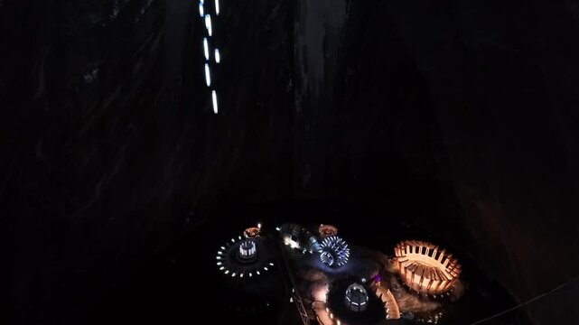 View of Subterranean Salt Lake with Peculiar Installation Inside Immense Cavern in the darkness, Turda, Romania - TILT UP VIDEO
