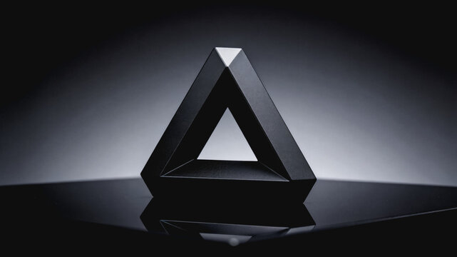 Impossible Penrose Triangle Sculpture on Dark Reflective Surface