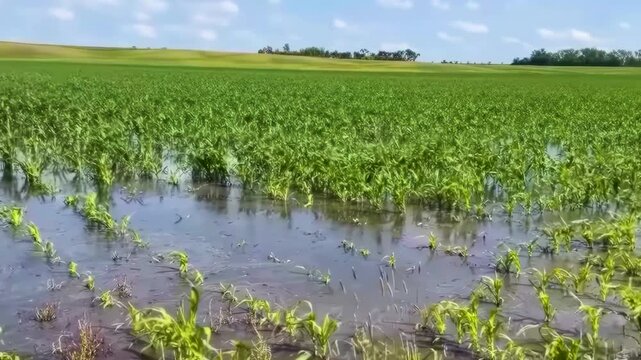 Close-up of crops damaged by flooding, showing climate change affecting agriculture.
