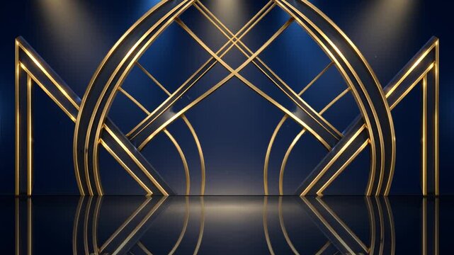 Dark blue stage with golden spotlight lines and glitter texture for award ceremony design. Realistic 3d abstract premium elegant glamour background template for anniversary or winner rewarding.