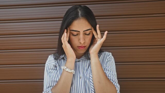 Young arab woman touching temples with both hands against a brown metal building shutter, striped button shirt visible; stress.